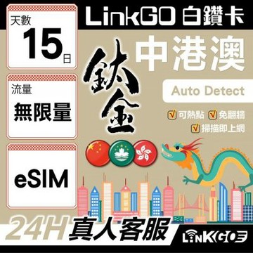 LINKGO白鑽卡 中港澳 eSIM卡 10天鈦金吃到飽 不降速 高速流量 免翻牆可熱點(中港澳網卡 中國 大陸 香港 澳門 虛擬卡)