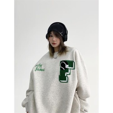 廢柴秋季美式小眾情侶加厚上衣oversize寬松復古毛巾繡圓領衛衣女