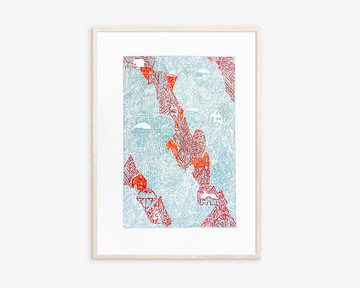 藍色冬季森林紅色房屋 Linocut 印花假日牆藝術客廳裝飾