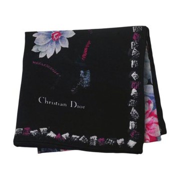 Christian DIOR 繽紛絢彩花卉品牌字母LOGO圖騰帕領巾(黑底/49CM)