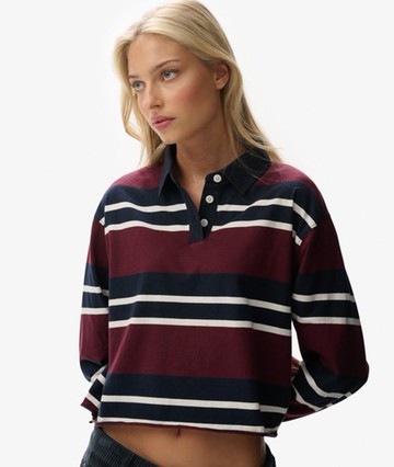 Superdry Women's Athletic Essentials Cropped Stripe Rugby Top Red Size: 10