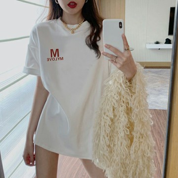 歐貨中長款短袖白色t恤女設計感小眾2022年夏季寬松大碼顯瘦上衣