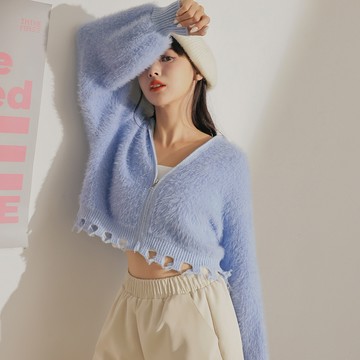 水貂毛拉鍊連帽毛衣-藍【KT28804】-4色