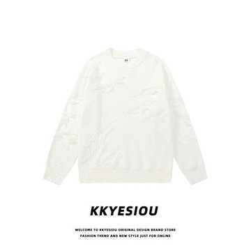 KKyesiou美式復古破洞設計情侶針織衫男女oversize學院風毛衣外套