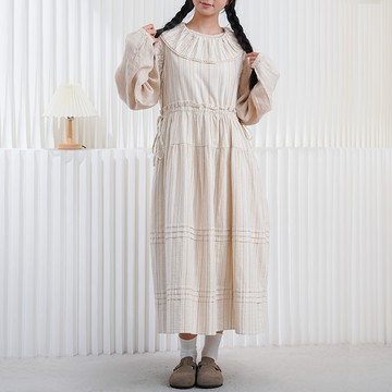 素雅花邊條紋無袖洋裝122113C