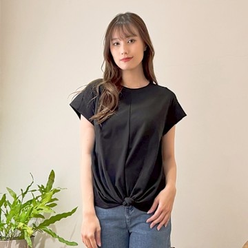 Hana-Mokuba花木馬日系女裝摺皺下襬扭結綁帶收口上衣_黑