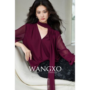 WANGXO｜高捻珍珠雪紡｜一體式飄帶V領多元系法｜半微透雪紡上衣