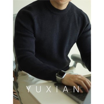 YUXIAN細膩綿羊毛半高領連肩毛衣美式復古套頭純色男士保暖秋冬季