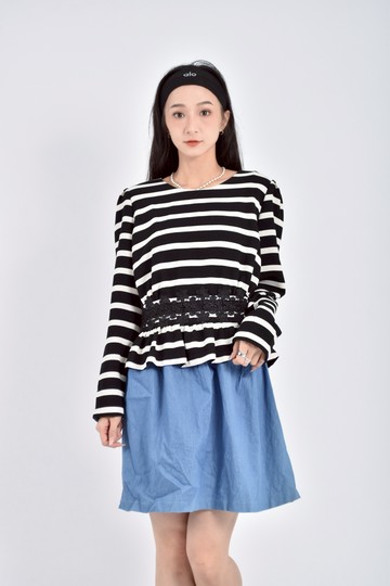 (L) ouwey棉質拼接條紋蕾絲黑色洋裝