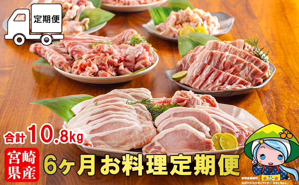  6ヶ月 定期便 豚 鶏肉 小分け お料理 セット 計10.8kg 肉 毎月 お届け 冷凍 宮崎県産 国産 若鶏 鳥 切落し ロース 生姜焼き とんかつ ひき肉 ミンチ もも カット バラ スライス