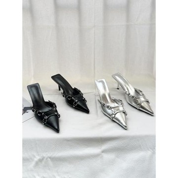 2025春夏尖頭細跟銀色半托鞋女歐美風包頭中跟涼拖皮帶扣高跟拖鞋