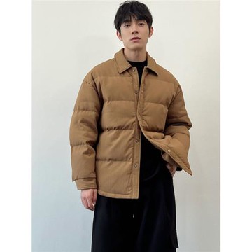 地平線男裝 冬季高級肌理感襯衫領質感白鴨絨外套/羽絨服 加厚款