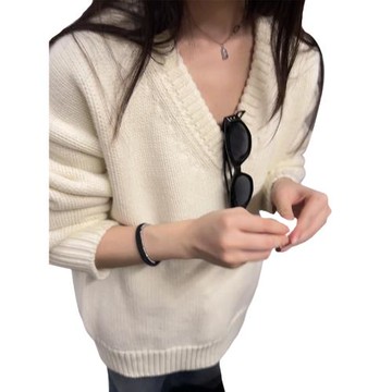美式復古白色v領毛衣女初秋季高級感寬松軟糯溫柔休閑百搭針織衫