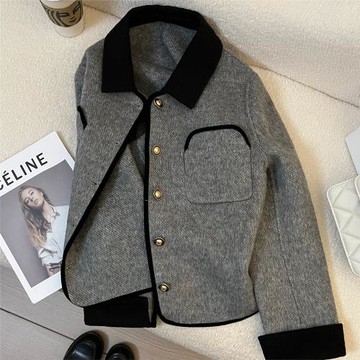 灰色毛呢短款西裝外套女2025秋冬新款韓系時尚小香風氣質休閑上衣