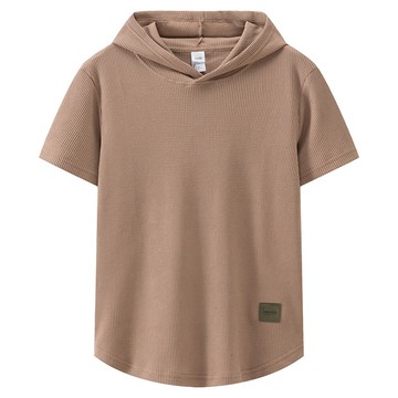 外流精品！日系薄款華夫格連帽短袖上衣 / 圓弧下擺 / 運動健身 / 男女皆可穿 / 5色 / M-3XL【QTJBY2301】