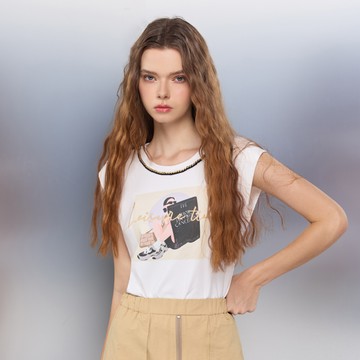 SO NICE 小香風織帶領邊女伶印花落肩彈力棉質上衣