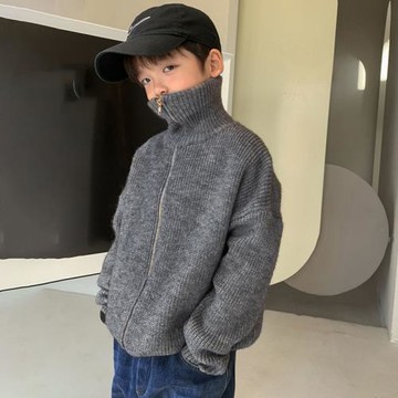 男童拉鏈高領針織毛衣2023新款中大童男寶洋氣時髦開衫外穿上衣潮