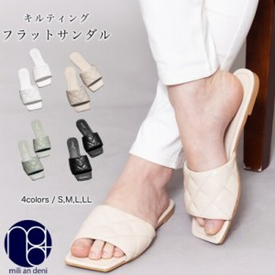 【春新作】 キルト フラットサンダル シューズ 靴 スクウェアトゥ サンダル S M L LL 23.0cm 23.5cm 24.0cm 24.5cm 25.0cm レディース 春