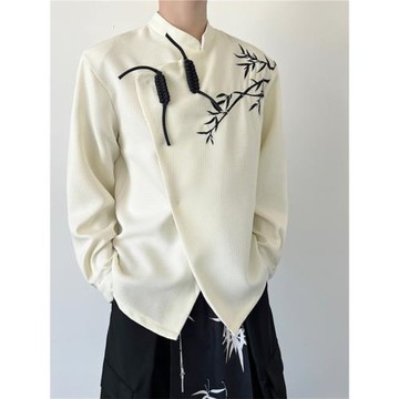 中國風新中式竹繡花斜門襟設計感亞麻盤扣長袖襯衫男寬松休閑上衣