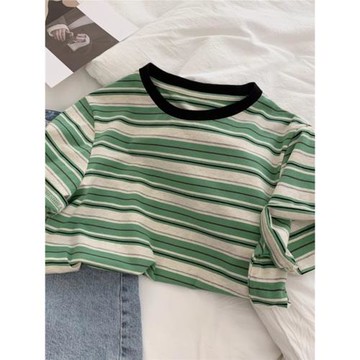 夏季2025年新款寬松中長款設計感顯瘦上衣條紋短袖綠色正肩T恤女