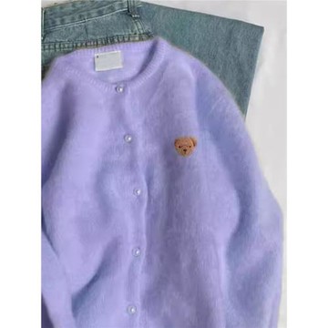 馬海毛小熊刺繡粉色針織開衫春秋季軟糯溫柔慵懶毛衣外套外搭上衣