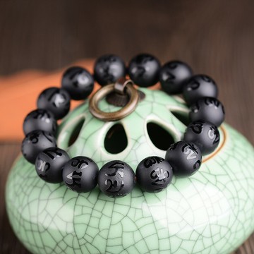 天然磨砂黑瑪瑙六字真言手鏈男箴言單圈手串女招財情侶款轉運佛珠