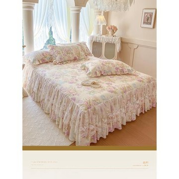 法式全棉印花單件夾棉床裙三件套公主風蕾絲花邊親膚純棉防滑床罩