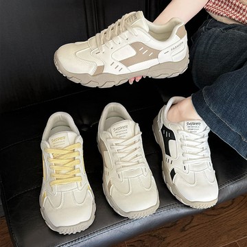 休閒鞋．簡約百搭皮革拼色繫帶圓頭厚底包鞋．白鳥麗子