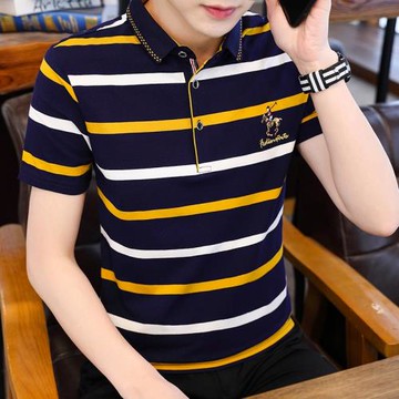純棉短袖POLO衫男2023新款條紋T恤商務休閑夏季保羅衣服袖標男裝