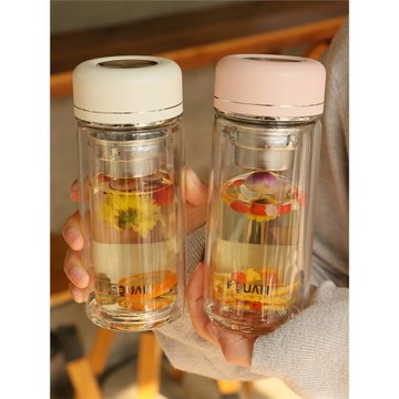 雙層隔熱玻璃杯男士泡茶水杯女生過濾辦公室高硼硅加厚帶茶隔杯子