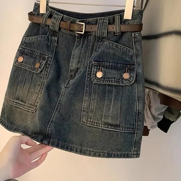 胖胖美依 短裙 牛仔裙 A字裙 半身裙 中大尺碼 S-2XL新款復古設計感半身裙高腰寬鬆顯瘦小眾a字短款短裙-3072.