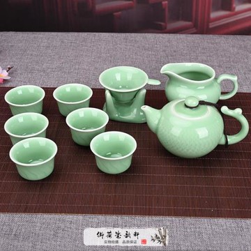 龍泉家用青瓷宮廷風創意陶瓷鳳尾壺功夫茶具10件套禮盒裝伴手禮