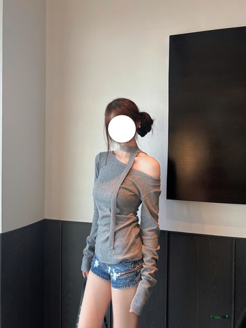 DONSKID甜辣細閃條紋斜肩長袖設計感修身收腰顯瘦t恤百搭打底上衣-Misaki精品