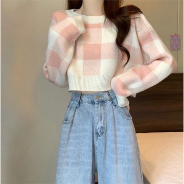 粉色格子秋冬針織東莞短款毛衣