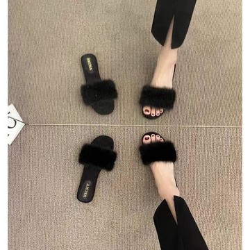 水貂毛毛拖鞋女外穿真皮2025新款ins潮時尚平底一字拖網紅涼拖鞋