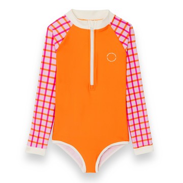 法國KiETLA ICONIK 女童長袖連身防曬泳衣(陽光橘格)