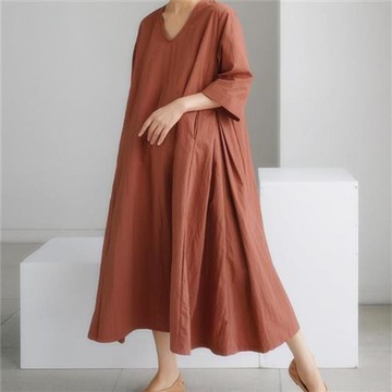 【米蘭精品】連身裙長袖洋裝-過膝長款V領寬鬆女裙子2色74kd39