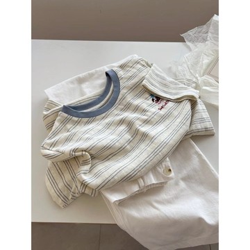 奈看服飾/竹節薴麻棉輕薄舒適竹節棉 顯白撞色條紋短袖 t恤夏寬松慵懶風簡約刺繡圓領上衣 短袖