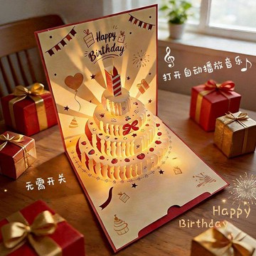 本土出貨免運臺現生日立體賀卡會唱歌可摺疊發光禮物祝福卡片高級男女朋友生日禮物