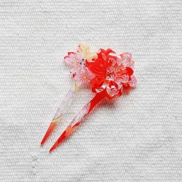 千櫻花火,重櫻,扇形髮簪,髮插-紅