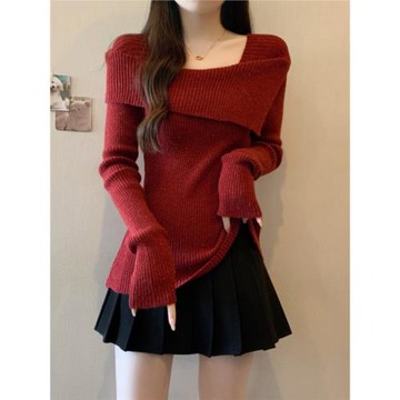 紅色一字肩長袖打底針織衫女春秋大碼胖mm設計感chic上衣亮絲毛衣