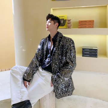 閃閃亮珠片亮面晚會年會夜店舞臺裝男團體演出服西裝夜店歌手外套