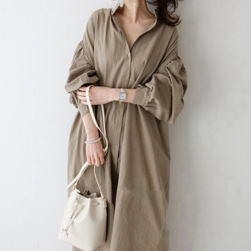 シャツワンピース ロングシャツワンピ ワンピース フィット フレア フィッシュテール ロング丈 マキシ丈 長袖 ゆったり 体型カバー 襟付き 無地 レトロ シンプ 通販 Lineポイント最大get Lineショッピング