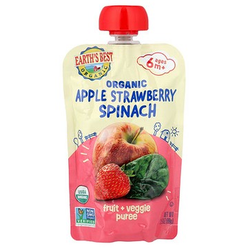 Earth's Best, 有機水果 + 蔬菜泥，6 個月以上，蘋果草莓菠菜，3.5 盎司（99 克）