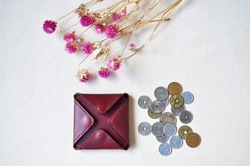 四方多開口皮革零錢包-棗紅