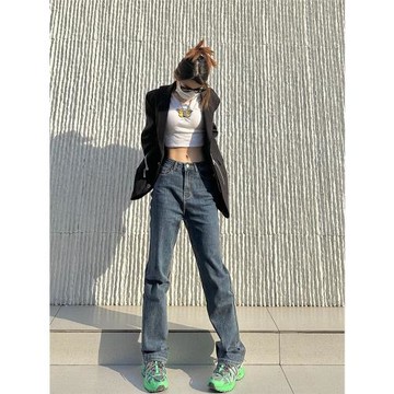 EARNED 新款復古做舊深藍高腰直筒牛仔褲女彈力深色顯瘦拖地長褲