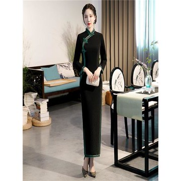 改良長袖旗袍秋季2025年新款高端年輕素雅黑色復古風日常顯瘦打底