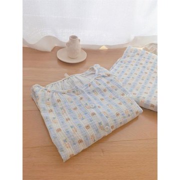 奶藍小熊睡衣女夏季純棉紗布短袖圓領長袖可愛學生春秋家居服套裝