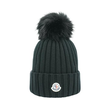 Moncler 螺紋羊毛針織毛球毛帽(黑)