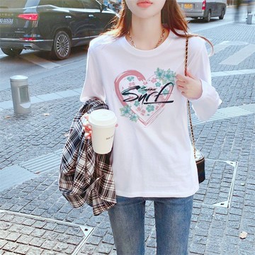 衣時尚 上衣 長袖T卹 印花上衣 打底衫 T恤衫 基本款 中大尺碼 M-3XL新款寬鬆遮肚顯瘦時尚上衣5677.